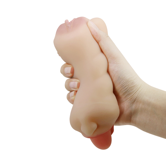 מאונן מסיליקון ידני בהיר עם שני פתחים פה ופות